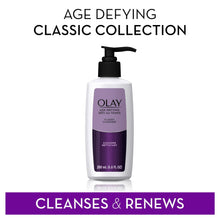 Olay age defying facial cleanser bottle with black pump and purple label