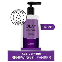 Olay age defying facial cleanser bottle with black pump, white and purple label