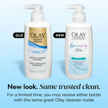 Two Olay foaming facial cleanser pump bottles, gentle formula