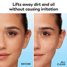 Foaming facial cleanser before-and-after on face, split view