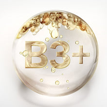 Makeup remover wipes B3+ claim graphic with gold B3+ letters and water droplets