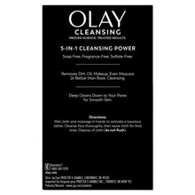 Olay cleansing cloths box back in black with 5-in-1 cleansing power text