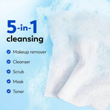 Olay facial cleansing dry cloth, 5-in-1 use graphic on cloth texture