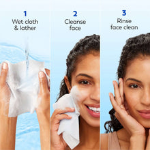 Olay facial cleansing dry cloth steps: wet, cleanse, rinse face