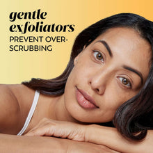 Woman with head tilted, “gentle exfoliators” skincare text and cleanser theme