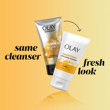 Two Olay cleanser tubes, brightening vitamin C and regenerist, fresh look and same cleanse