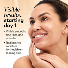 Olay SPF 30 face moisturizer applied on skin, woman with hands on cheek