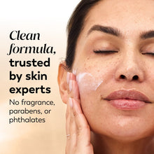 Olay SPF 30 face moisturizer applied, woman rubbing cream on cheek