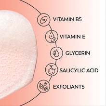 Detoxifying pore scrub ingredient graphic: Vitamin B5, Vitamin E, glycerin, salicylic acid, exfoliants