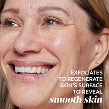 Detoxifying pore scrub face wash ad with close-up of woman’s smooth, smiling skin