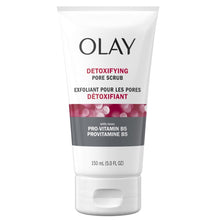 Olay Detoxifying Pore Scrub face wash tube with red label stripe and pro-vitamin B5
