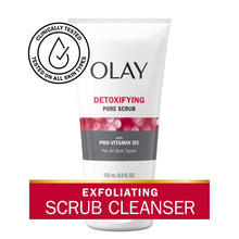 Olay Detoxifying Pore Scrub face wash tube with tested seal and exfoliating scrub cleanser banner