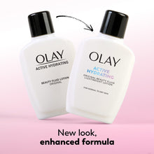 Olay Active Hydrating beauty fluid lotion bottles, two white bottles with black caps
