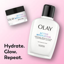 Olay Active Hydrating beauty fluid lotion bottle with matching black-capped cream jar