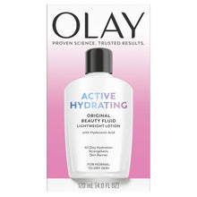 Olay Active Hydrating original beauty fluid lotion box with bottle front, 120 mL