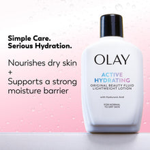 Olay Active Hydrating Original Beauty Fluid lotion bottle with black cap, normal to dry skin