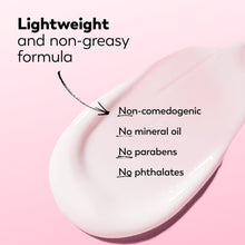 Non-greasy lotion droplet graphic with non-comedogenic, no mineral oil, no parabens