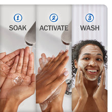 Soak, activate, wash cleanser application on hands and face with step labels