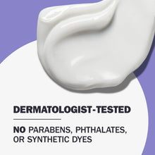 White cleanser cream swatch with dermatologist-tested and no-parabens claim