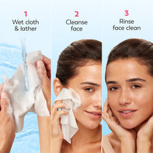 Three-step diagram using a facial wipe: wet, cleanse, rinse