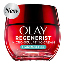 OLAY Regenerist micro-sculpting cream jar, red glass, silver lid, fragrance-free
