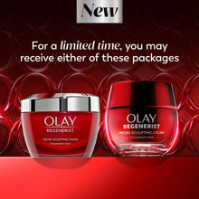 OLAY Regenerist cream jars side-by-side, red and silver, fragrance-free