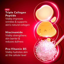 Skincare actives graphic: triple collagen peptide, niacinamide, pro-vitamin B5