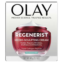 OLAY Regenerist micro-sculpting cream jar on retail box, red glass, fragrance-free