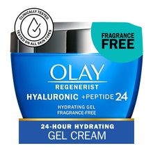 Olay Hyaluronic Peptide 24 gel-cream jar, blue tub with silver lid