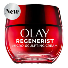 OLAY Regenerist Micro-Sculpting Cream jar with red cap and “New” badge
