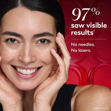 Woman smiling with white face cream on cheek and fingertips, skincare results banner