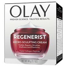 Olay Regenerist Micro-Sculpting Cream jar on box, triple collagen peptide, 1.7 oz