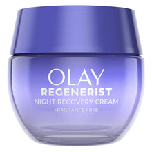Night recovery cream jar, purple-blue container with Olay Regenerist label