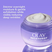 Night recovery cream jar with white cream dollop and Olay Regenerist label