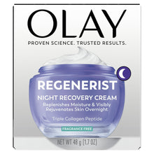 Olay Regenerist Night Recovery Cream jar on retail box, fragrance-free