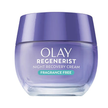 Fragrance-free night recovery cream jar with blue lid and Olay Regenerist label