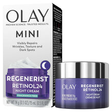 Olay Regenerist Retinol 24 night cream mini jar and box, purple lid, fragrance-free