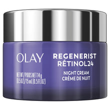 Olay Regenerist Retinol 24 night cream jar with silver cap and purple label
