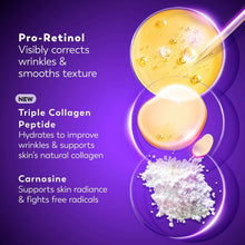 Skincare benefits infographic with pro-retinol, triple collagen peptide, and carnosine