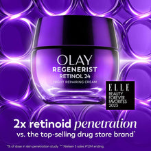 Olay Regenerist Retinol 24 night repairing cream jar, purple glass with black cap.