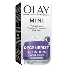 Olay Regenerist Retinol 24 fragrance-free mini night cream box with purple jar graphic.