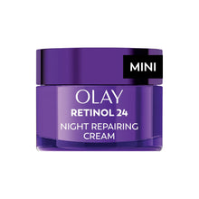 Olay Regenerist Retinol 24 night repairing cream mini jar, purple with black lid.
