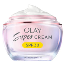 Olay Super Cream SPF 30 face moisturizer jar, pink-lavender cream with lid