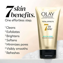 Olay Total Effects foaming face wash tube beside bubbles, gold and black