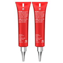Back of red Olay eye cream tubes with ingredient text, silver nozzle caps, 2-pack.
