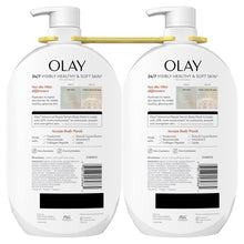 Two-pack Olay body wash bottles, back labels with barcode, white pump