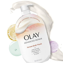 Olay Advanced Repair serum body wash bottle with gold pump, bubbles and drops