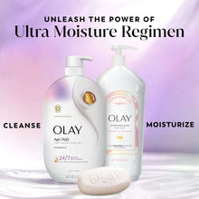 OLAY Age Defy body wash pump bottles with bar soap, white bottles with lavender tint