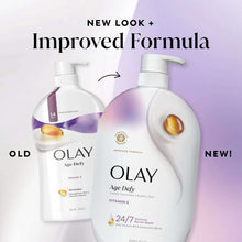 Olay Age Defy body wash old vs new improved formula shown with bottles