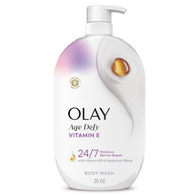 Olay Age Defy body wash bottle with white pump, 35 oz, Vitamin E 24/7